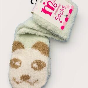 Panda Bear Face Fuzzy Crew Socks White Black Warm Cozy Fluffy